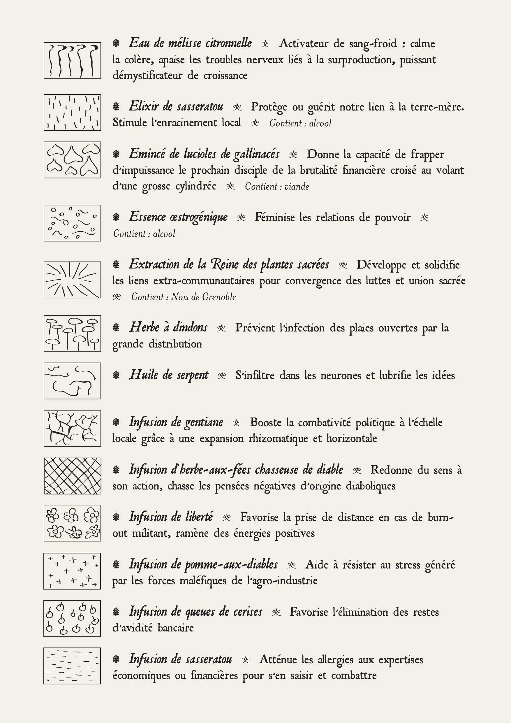 Liste des ingrédients, page 2. Atelier potions, désorceler la finance, Festival d'Aurillac, 2019