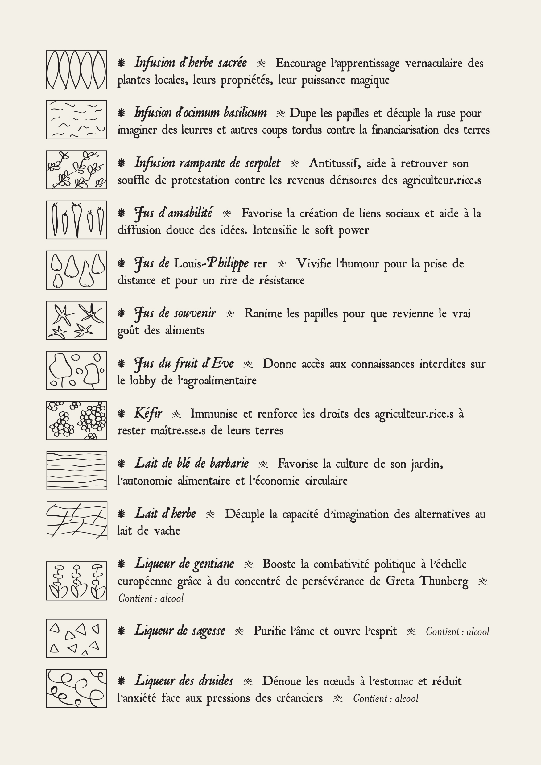 Liste des ingrédients, page 3. Atelier potions, désorceler la finance, Festival d'Aurillac, 2019